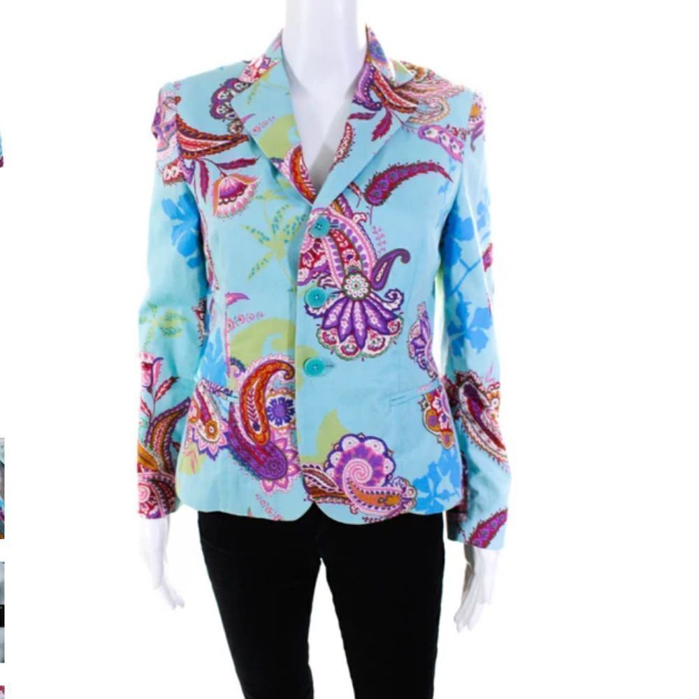Ralph Lauren Women's Collar Long Sleeves Three Button Blue Paisley Blazer Size 2